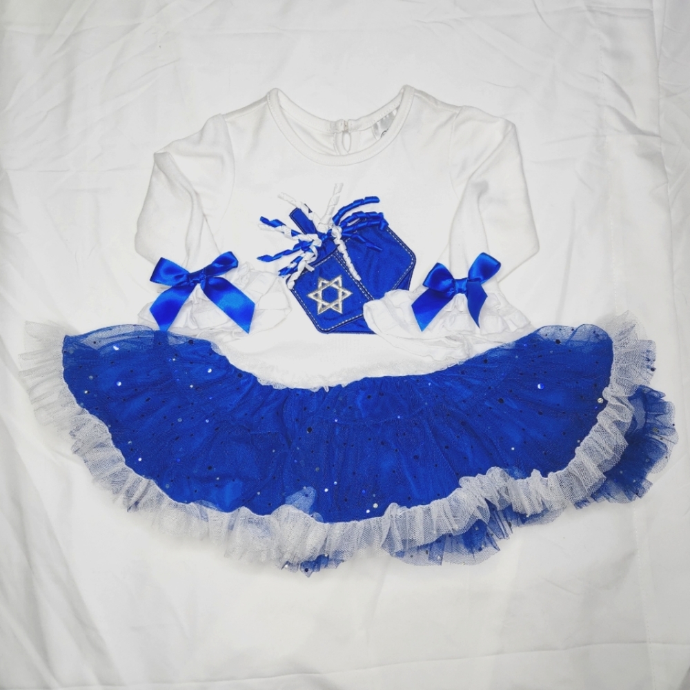 Rare Editions White/Blue Long Sleeve Hanukkah Tutu Dress/Tunic | Girls Size 18M